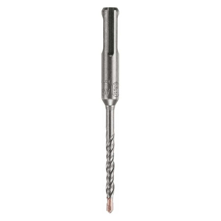 Studio product view of a silver Bosch SDS Plus Bulldog rotary hammer drill bit oriented vertically against a seamless white background, showcasing the slotted SDS Plus shank with ANSI markings at the top, a precision spiral flute body, and a durable four-cutter tungsten carbide tip at the bottom for boring through heavy-duty reinforced concrete, masonry, and rebar.