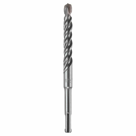 A Bosch SDS Plus Bulldog rotary hammer drill bit shown vertically on a plain white background, highlighting its quick-change slotted SDS-plus machining shank, a distinct 1/2 inch fractional size engraving on the smooth metal landing, an optimized deep four-flute spiral structure for high-velocity dust extraction, and a heavy-duty four-cutter tungsten carbide tip engineered for drilling clean anchoring paths through reinforced concrete rebar and hard masonry aggregate.