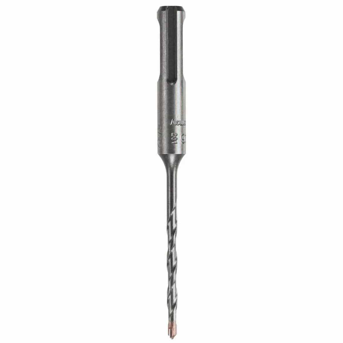 A Bosch SDS Plus Bulldog rotary hammer drill bit oriented vertically against a solid white background, displaying its wide universal quick-change slotted SDS-plus machining shank with stamped size ratings, a thin elongated core with an optimized four-flute spiral layout for concrete dust reduction, and a heavy-duty four-cutter tungsten carbide tip engineered for clean masonry anchor fastening and reinforced rebar boring.