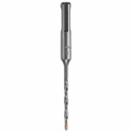 A Bosch SDS Plus Bulldog rotary hammer drill bit oriented vertically against a solid white background, displaying its wide universal quick-change slotted SDS-plus machining shank with stamped size ratings, a thin elongated core with an optimized four-flute spiral layout for concrete dust reduction, and a heavy-duty four-cutter tungsten carbide tip engineered for clean masonry anchor fastening and reinforced rebar boring.