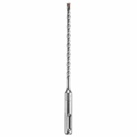 Studio product view of a silver Bosch SDS Plus Bulldog rotary hammer drill bit positioned vertically against a plain white background, showcasing the long spiral dust-clearing flute design, an SDS Plus slotted shank base with stamped brand identification, and a precision four-cutter tungsten carbide tip at the top for masonry boring applications.