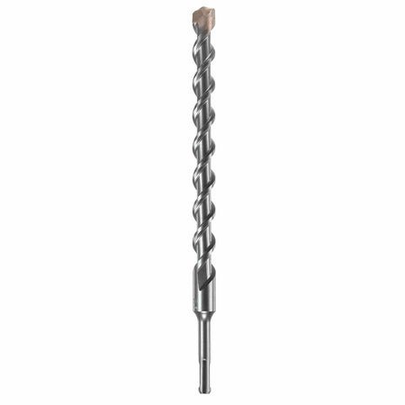 Bosch SDS Plus Bulldog rotary hammer drill bit showing a full vertical layout of its heavy duty silver steel alloy body featuring a slotted SDS-plus drive shank connection base, a smooth transition collar with an etched size marker, an elongated deep core spiral flute shaft engineered for rapid dust extraction, and a four cutter tungsten carbide tipped head optimized for precision core boring and heavy duty penetration through reinforced concrete, steel rebar, and hard masonry substrates isolated on a white