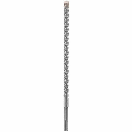 A long Bosch SDS Plus Bulldog rotary hammer drill bit oriented vertically against a solid white background, featuring a slotted quick-change universal SDS-plus shank, an optimized deep four-flute spiral core designed for continuous high-speed material extraction and concrete dust reduction, and a heavy-duty four-cutter tungsten carbide tip engineered for clean masonry anchor installations, aggregate boring, and structural reinforced rebar penetration.