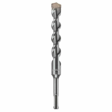 A Bosch SDS Plus Bulldog rotary hammer drill bit shown vertically on a plain white background, detailing its slotted quick-change SDS-plus machining shank, laser-etched ANSI compliance and manufacturing text markings above the transition core, an aggressive deep-fluted four-flute spiral geometry for high-speed material extraction, and a premium heavy-duty four-cutter tungsten carbide tip engineered for clean masonry anchor installations, aggregate boring, and structural concrete rebar penetration.