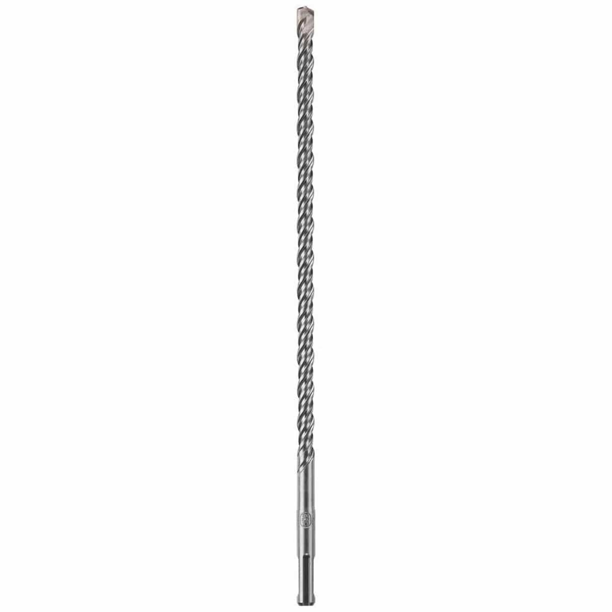 An ultra-long Bosch SDS Plus Bulldog rotary hammer drill bit positioned vertically against a plain white background, highlighting its highly extended four-flute deep spiral core engineered for continuous aggregate dust extraction, a quick-change slotted SDS-plus structural machining shank, and a heavy-duty four-cutter tungsten carbide-tipped nose head built for boring clean anchor paths through deep reinforced concrete and rebar.