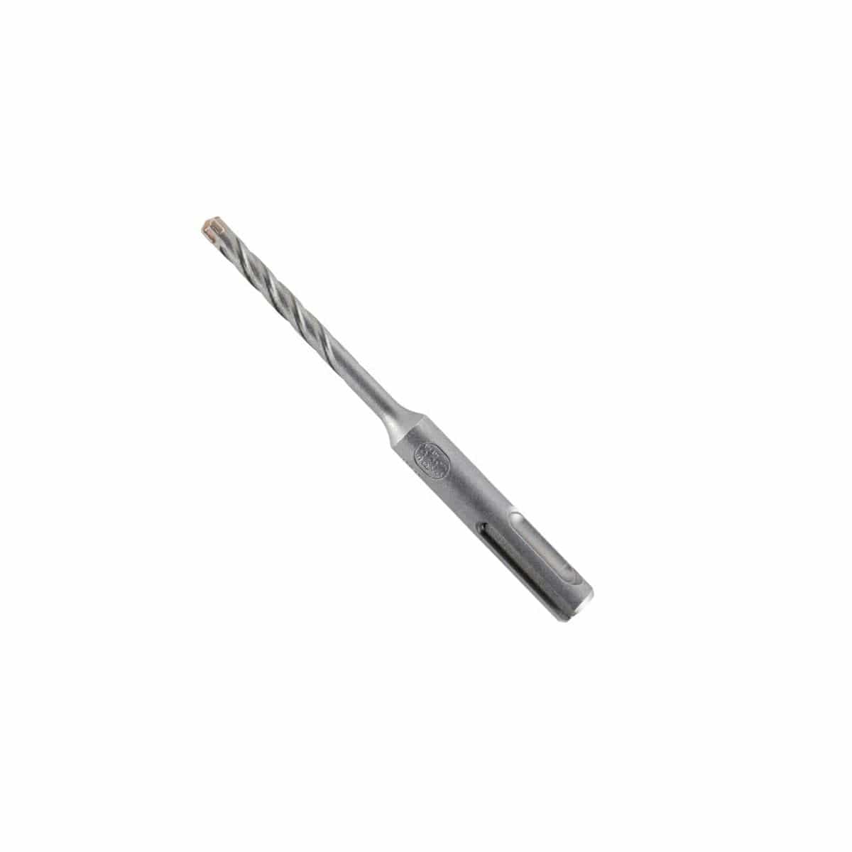 A high-performance Bosch SDS Plus Bulldog Tough rotary hammer drill bit positioned diagonally on a clean white background, detailing its heavy-duty universal quick-change slotted SDS-plus structural masonry shank with an engraved certification stamp, an optimized four-flute spiral core for rapid concrete dust extraction, and an industrial-grade four-cutter carbide tip engineered for precision anchor hole boring and structural rebar penetration.
