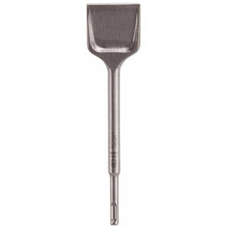 Bosch SDS Plus Bulldog Xtreme hammer steel flat spade chisel bit featuring a vertical full layout view of its heavy duty silver steel alloy body with laser etched model markings, a slotted drive shank connection base, and a wide flat scaling head with self-sharpening edge technology engineered for high impact concrete removal, rotary drill masonry chipping, floor tile scaling, and structural demolition isolated on a white background.