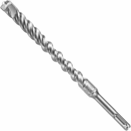 Bosch SDS Plus Bulldog Xtreme rotary hammer drill bit showcasing an integrated slotted drive shank, variable four flute spiral geometry for faster dust removal, and a four cutter fullhead solid carbide tip built for heavy duty reinforced concrete rebar masonry penetration and core boring applications isolated diagonally on a white background.