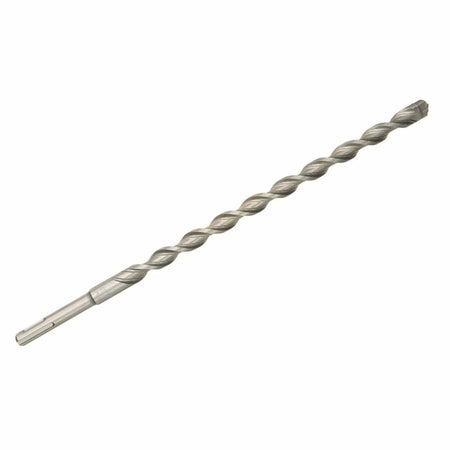 Bosch SDS Plus Bulldog Xtreme rotary hammer drill bit showing a full profile view of its heavy duty silver steel alloy body featuring a slotted SDS-plus drive shank connection base, a stamped collar mark, a deep variable spiral flute shaft designed for rapid dust removal, and a four cutter full carbide tipped head engineered for heavy duty reinforced concrete, rebar, masonry, and deep hole precision core boring bits isolated diagonally on a white background.