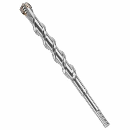 A close-up product image of a thick Bosch SDS Plus Bulldog Xtreme rotary hammer drill bit positioned diagonally on a white background, showcasing its universal quick-change slotted SDS-plus shank with visible sizing and certification markings, an aggressive deep-fluted spiral shaft designed for rapid concrete dust removal, and a robust four-cutter solid tungsten carbide head engineered to bore cleanly through heavy duty reinforced concrete, structural rebar, and aggregate masonry.