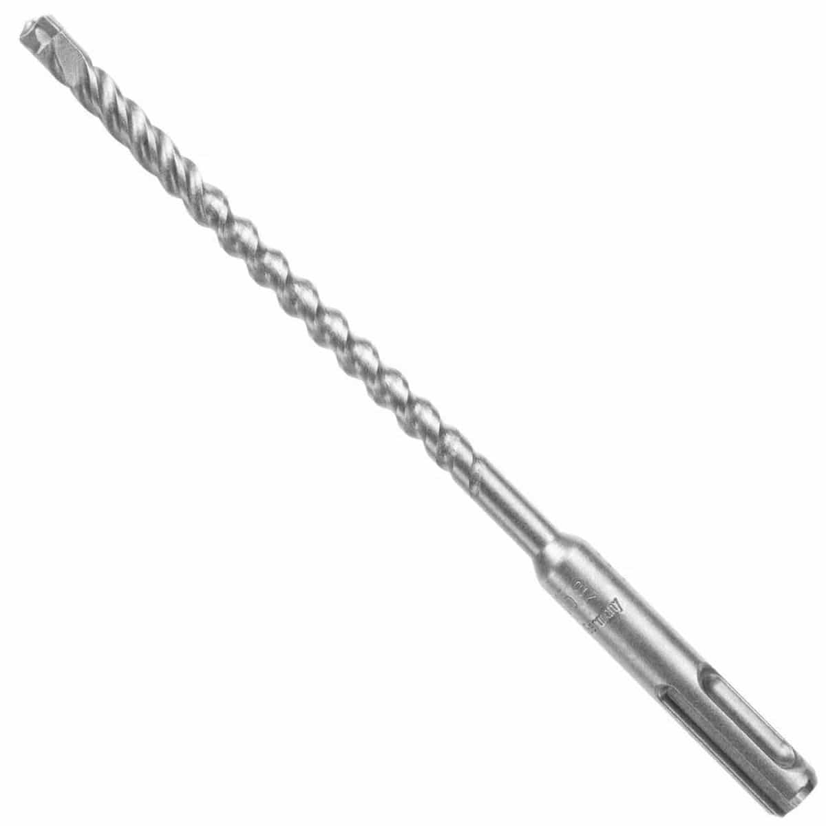 A high-performance Bosch SDS Plus Bulldog Xtreme rotary hammer drill bit shown diagonally on a solid white background, displaying its universal quick-change slotted SDS-plus masonry shank with stamped size metrics, an optimized four-flute deep spiral core for rapid debris extraction, and an industrial-grade solid tungsten carbide four-cutter tip engineered for heavy duty reinforced concrete and rebar boring operations.