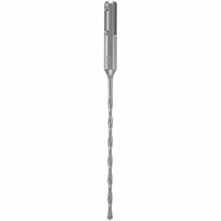 A Bosch SDS Plus Bulldog Xtreme rotary hammer drill bit oriented vertically against a solid white background, showcasing its universal quick-change slotted SDS-plus machining shank, a slender elongated core with an optimized four-flute spiral winding design for active debris clearance, and a compact heavy-duty four-cutter solid carbide tip engineered for precise anchor installation and core boring in reinforced concrete, rebar, and aggregate masonry.
