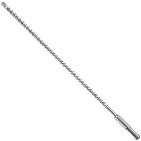 An extra-long Bosch SDS Plus Bulldog Xtreme rotary hammer drill bit shown diagonally against a white background, highlighting its long, slender four-flute spiral core engineered for continuous masonry dust extraction during deep-hole drilling, a quick-change slotted SDS-plus machining shank, and a heavy-duty four-cutter solid carbide tip designed to bore cleanly through reinforced concrete, rebar, and dense aggregate.
