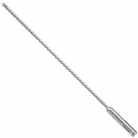 An extra-long Bosch SDS Plus Bulldog Xtreme rotary hammer drill bit shown diagonally against a clean white background, highlighting its elongated, slender four-flute spiral core engineered for continuous masonry dust extraction during deep-hole drilling, a quick-change slotted SDS-plus machining shank, and a heavy-duty four-cutter solid carbide tip designed to bore cleanly through reinforced concrete, rebar, and dense aggregate.