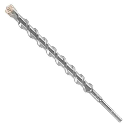 A close-up product image of a thick Bosch SDS Plus Bulldog Xtreme rotary hammer drill bit positioned diagonally on a white background, showcasing its universal quick-change slotted SDS-plus shank with visible sizing and certification markings, an aggressive deep-fluted spiral shaft designed for rapid concrete dust removal, and a robust four-cutter solid tungsten carbide head engineered to bore cleanly through heavy duty reinforced concrete, structural rebar, and aggregate masonry.