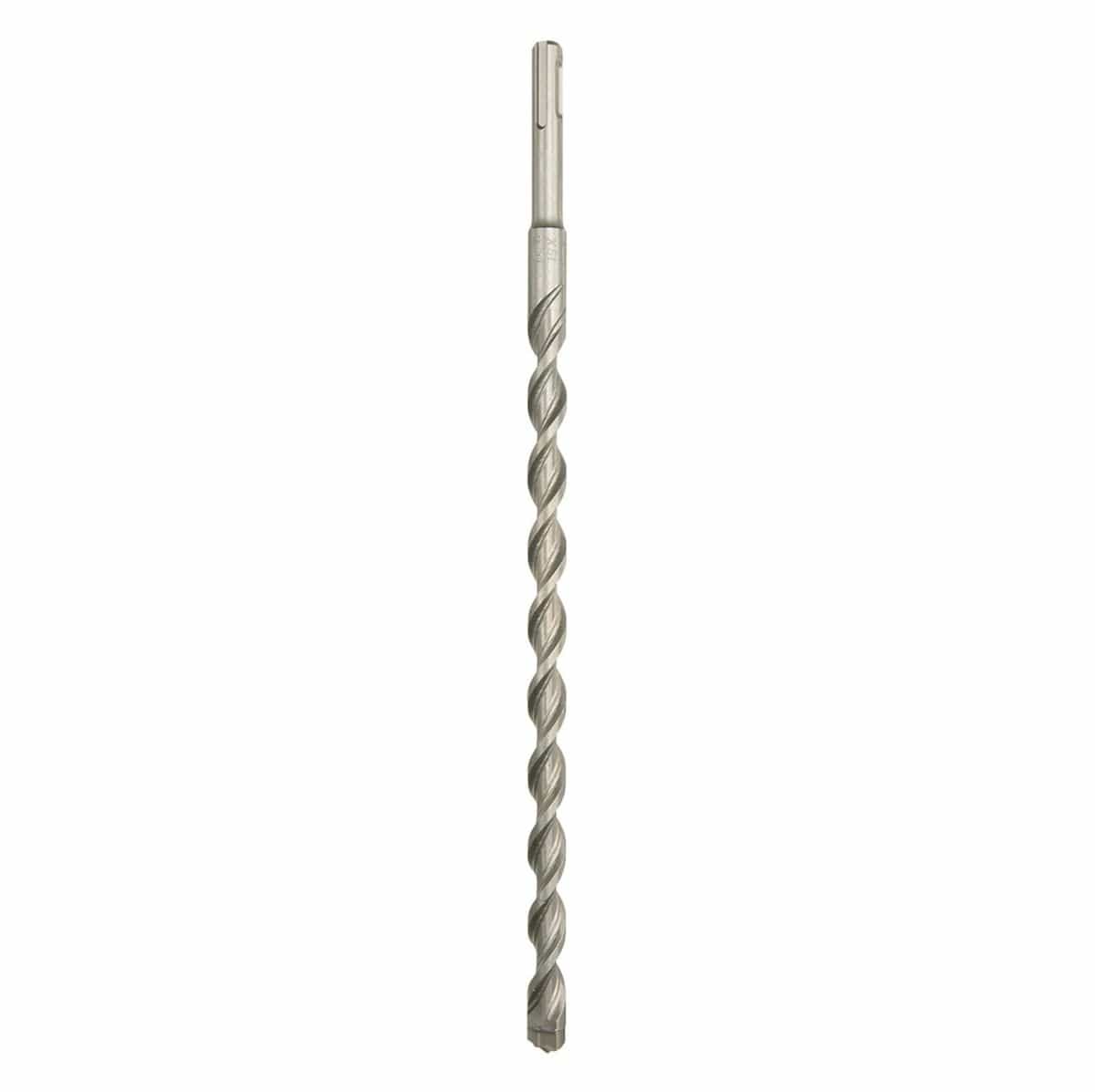 This is a vertical, close-up image of a metallic, threaded shaft, similar to a bolt or a drill bit. Its surface features distinct, continuous spiral grooves running along its length, creating a textured, ridged appearance, and it has a hexagonal end at the top.