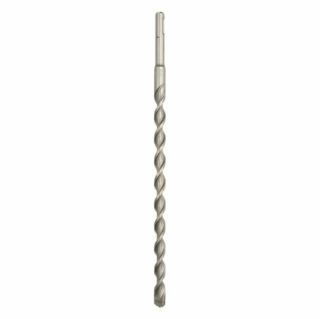 This is a vertical, close-up image of a metallic, threaded shaft, similar to a bolt or a drill bit. Its surface features distinct, continuous spiral grooves running along its length, creating a textured, ridged appearance, and it has a hexagonal end at the top.