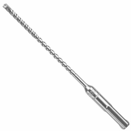 A Bosch SDS Plus Bulldog Xtreme rotary hammer drill bit showcased diagonally on a white background, featuring its slotted high-performance SDS-plus quick-change shank with laser-etched model serial marks, an optimized four-flute core geometry for fast debris extraction, and a solid full carbide four-cutter tip engineered for heavy duty reinforced concrete rebar penetration and aggregate masonry boring.