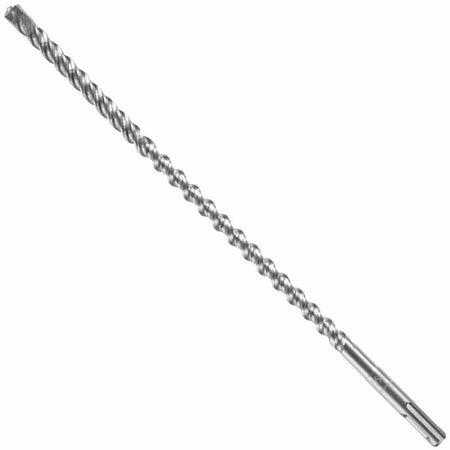 An extended-length Bosch SDS Plus Bulldog Xtreme rotary hammer drill bit positioned diagonally on a plain white background, featuring a long four-flute spiral core engineered for constant concrete dust extraction, a quick-change slotted SDS-plus structural shank with clear size engravings, and a premium solid tungsten carbide four-cutter tip optimized for drilling clean anchoring paths through reinforced rebar and heavy-duty masonry aggregate.