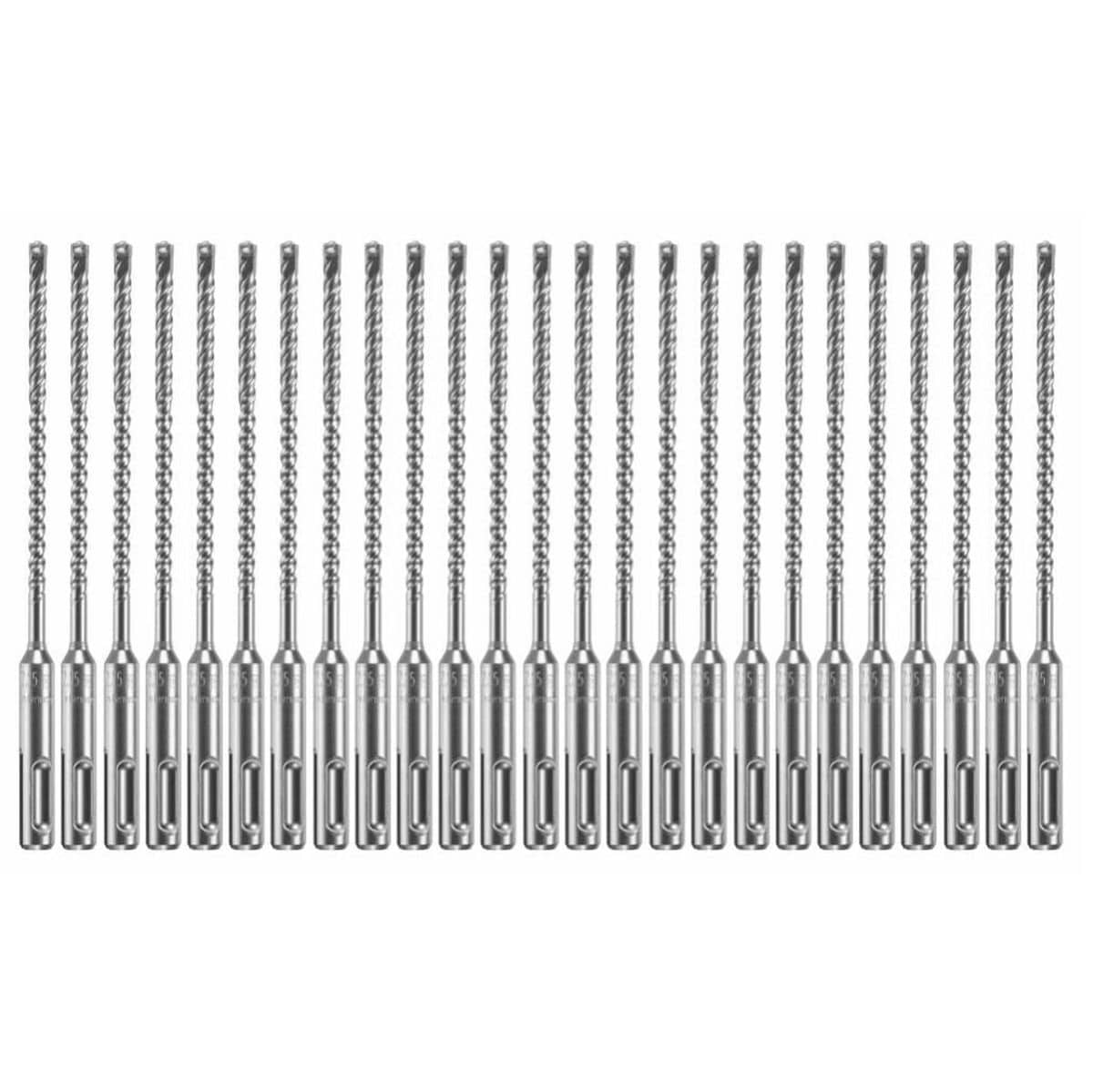 A wholesale contractor multipack bundle of twenty-five identical Bosch SDS Plus Bulldog Xtreme rotary hammer drill bits lined up horizontally on a solid white background, highlighting their long, slender four-flute spiral bodies designed for constant material removal, universal quick-change slotted SDS-plus machining shanks, and premium four-cutter solid tungsten carbide tips built for commercial-scale deep-hole boring in heavy duty reinforced concrete and masonry.