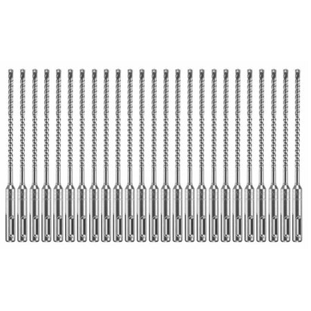 A wholesale contractor multipack bundle of twenty-five identical Bosch SDS Plus Bulldog Xtreme rotary hammer drill bits lined up horizontally on a solid white background, highlighting their long, slender four-flute spiral bodies designed for constant material removal, universal quick-change slotted SDS-plus machining shanks, and premium four-cutter solid tungsten carbide tips built for commercial-scale deep-hole boring in heavy duty reinforced concrete and masonry.