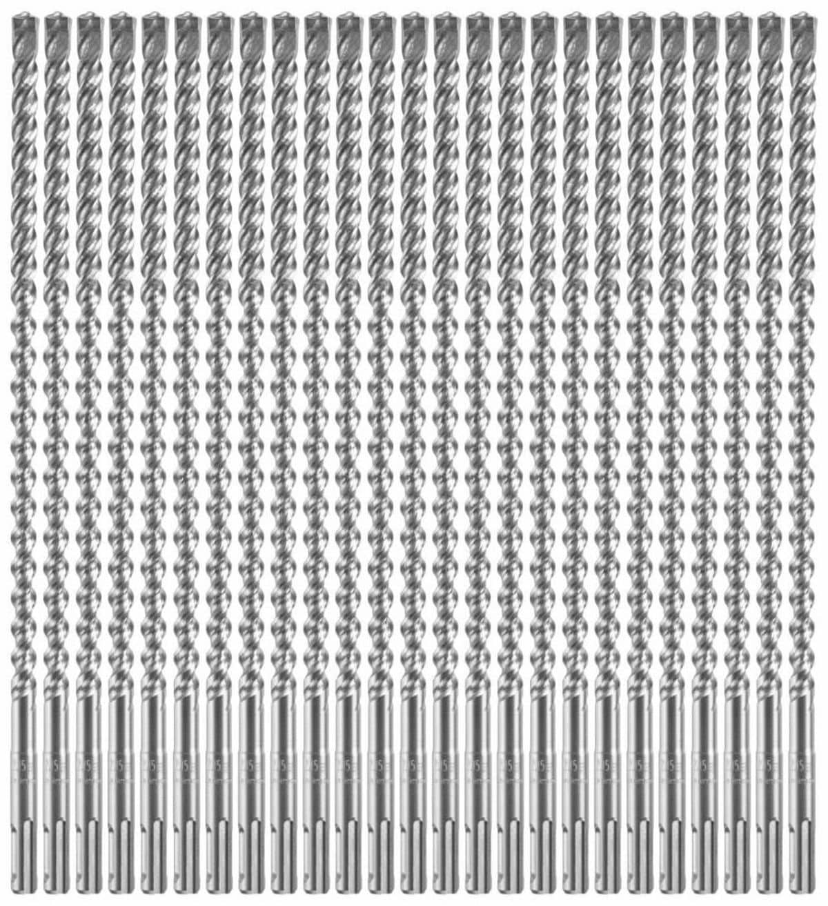 A bulk 25-pack of Bosch SDS Plus Bulldog Xtreme rotary hammer drill bits arranged vertically in a neat row against a seamless white background, showcasing their uniform four-flute deep spiral cores engineered for maximum concrete dust extraction, quick-change slotted SDS-plus masonry shanks with precise structural size engravings, and heavy-duty solid tungsten carbide four-cutter tips optimized for high-volume precision anchor boring through tough reinforced rebar and masonry aggregates.