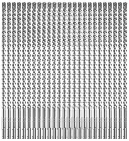 A bulk 25-pack of Bosch SDS Plus Bulldog Xtreme rotary hammer drill bits arranged vertically in a neat row against a seamless white background, showcasing their uniform four-flute deep spiral cores engineered for maximum concrete dust extraction, quick-change slotted SDS-plus masonry shanks with precise structural size engravings, and heavy-duty solid tungsten carbide four-cutter tips optimized for high-volume precision anchor boring through tough reinforced rebar and masonry aggregates.