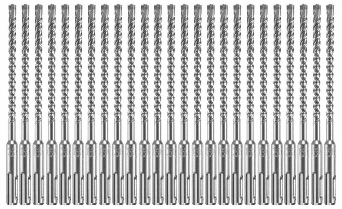 A contractor multipack bulk 25-pack of identical Bosch SDS Plus Bulldog Xtreme rotary hammer drill bits arranged vertically side-by-side in a precise row against a white background, displaying their long four-flute deep spiral cores engineered for maximum concrete dust extraction, universal quick-change slotted SDS-plus structural shanks with clear size engravings, and heavy-duty solid tungsten carbide four-cutter tips optimized for high-volume precision anchor boring through tough reinforced rebar and maso