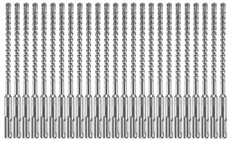 A contractor multipack bulk 25-pack of identical Bosch SDS Plus Bulldog Xtreme rotary hammer drill bits arranged vertically side-by-side in a precise row against a white background, displaying their long four-flute deep spiral cores engineered for maximum concrete dust extraction, universal quick-change slotted SDS-plus structural shanks with clear size engravings, and heavy-duty solid tungsten carbide four-cutter tips optimized for high-volume precision anchor boring through tough reinforced rebar and maso