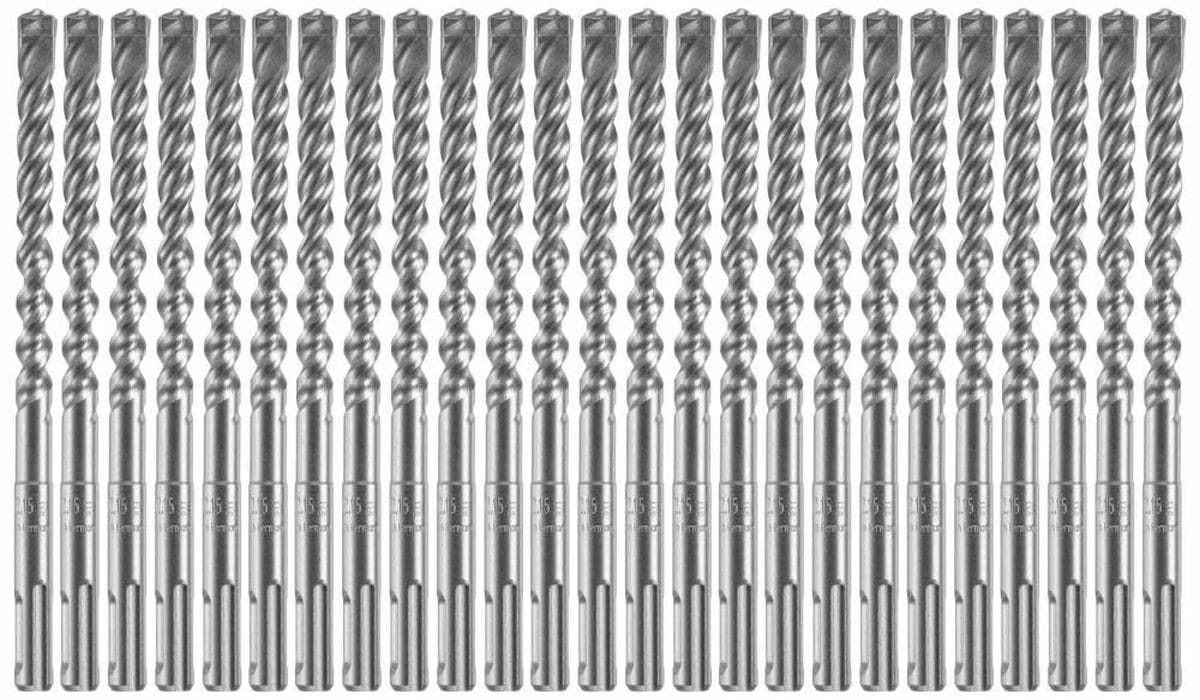 A wholesale contractor multipack bundle of twenty-five identical Bosch SDS Plus Bulldog Xtreme rotary hammer drill bits arranged vertically side-by-side in a tight row against a white background, highlighting their deep-grooved four-flute spiral shafts engineered for accelerated concrete dust extraction, clean slotted quick-change SDS-plus masonry shanks with individual size laser engravings, and robust four-cutter full tungsten carbide tips optimized for high-volume commercial anchor boring and structural 