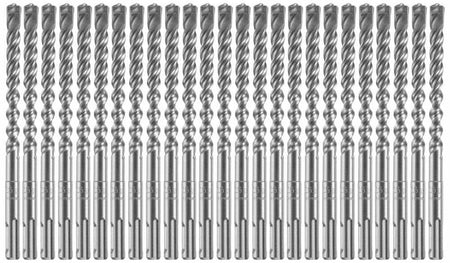 A wholesale contractor multipack bundle of twenty-five identical Bosch SDS Plus Bulldog Xtreme rotary hammer drill bits arranged vertically side-by-side in a tight row against a white background, highlighting their deep-grooved four-flute spiral shafts engineered for accelerated concrete dust extraction, clean slotted quick-change SDS-plus masonry shanks with individual size laser engravings, and robust four-cutter full tungsten carbide tips optimized for high-volume commercial anchor boring and structural 