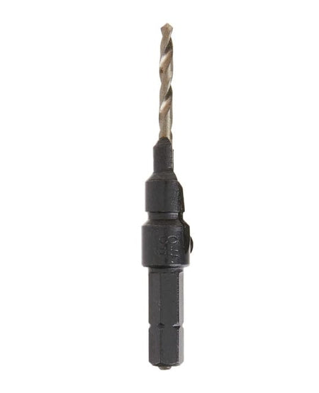 The image shows a drill bit with a countersink attachment, designed to drill a hole and a beveled recess for a screw head in one step. The top portion is a standard spiral-fluted drill bit, while the bottom is a wider, black countersink sleeve with a hexagonal shank for a quick-change chuck.