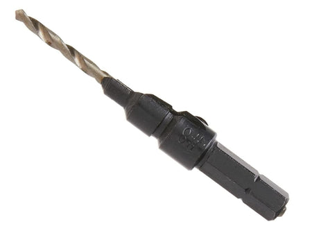 The image shows a drill bit with a countersink attachment, designed to drill a hole and a beveled recess for a screw head in one step. The top portion is a standard spiral-fluted drill bit, while the bottom is a wider, black countersink sleeve with a hexagonal shank for a quick-change chuck.