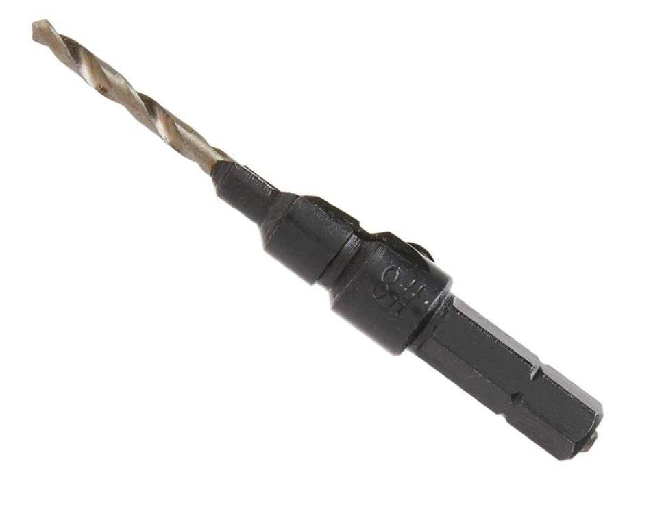 The image shows a drill bit with a countersink attachment, designed to drill a hole and a beveled recess for a screw head in one step. The top portion is a standard spiral-fluted drill bit, while the bottom is a wider, black countersink sleeve with a hexagonal shank for a quick-change chuck.