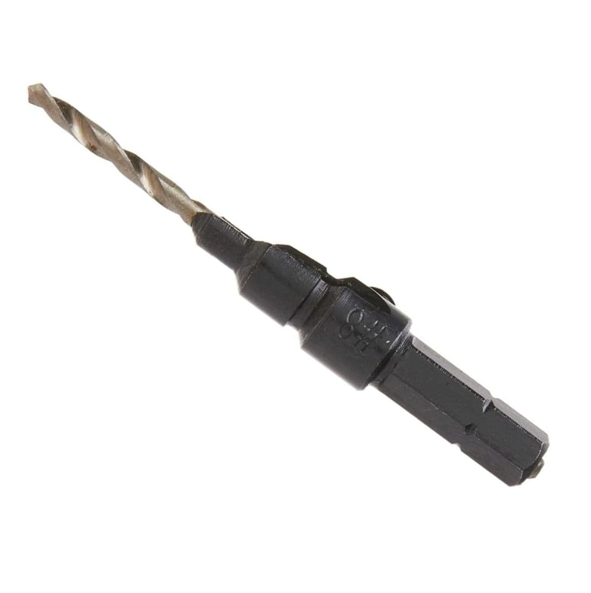 The image shows a drill bit with a countersink attachment, designed to drill a hole and a beveled recess for a screw head in one step. The top portion is a standard spiral-fluted drill bit, while the bottom is a wider, black countersink sleeve with a hexagonal shank for a quick-change chuck.