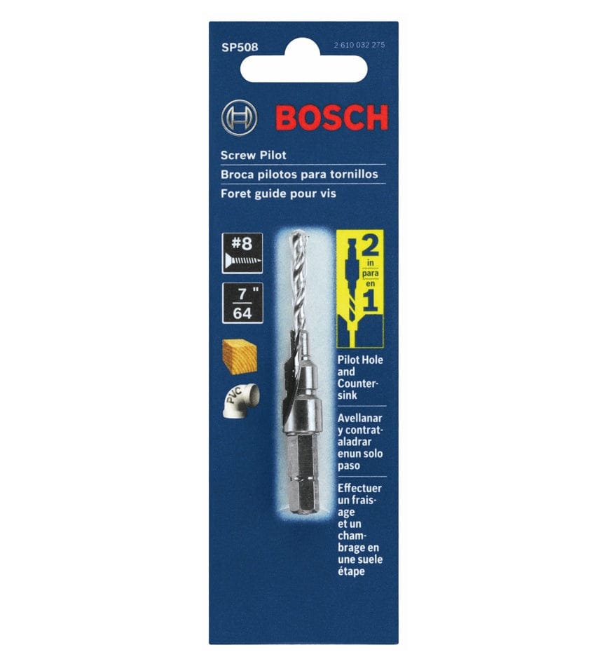 Retail hang-card packaging for the Bosch SP508 #8 hex shank screw pilot bit, showing its ability to drill a pilot hole and countersink in one easy step for wood and PVC.