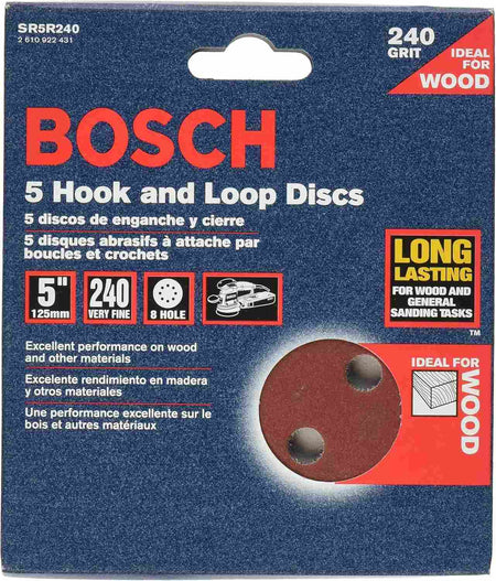 The front of the retail packaging for the Bosch SR5R240 sanding discs, featuring a blue background with red and white text, highlighting a 5-piece set of 240 grit hook-and-loop discs for wood and general sanding tasks.