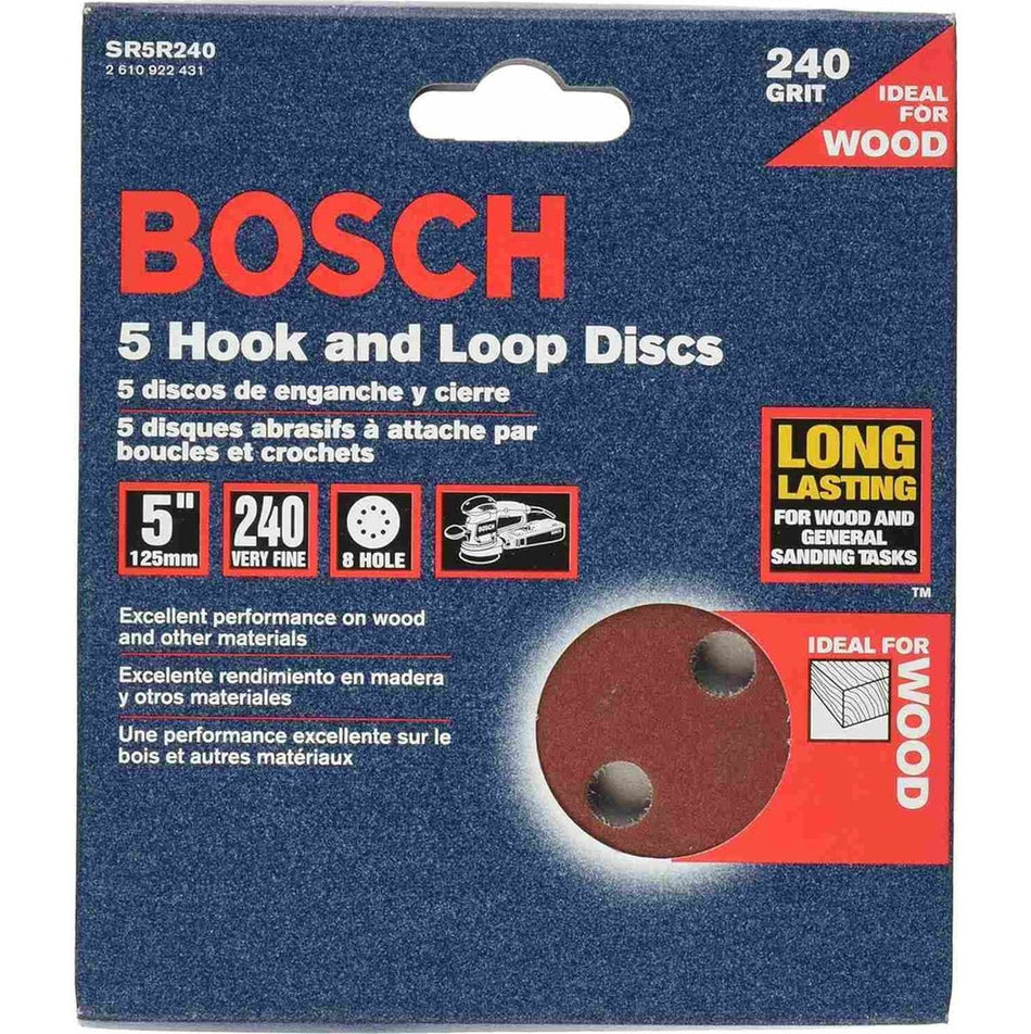 The front of the retail packaging for the Bosch SR5R240 sanding discs, featuring a blue background with red and white text, highlighting a 5-piece set of 240 grit hook-and-loop discs for wood and general sanding tasks.