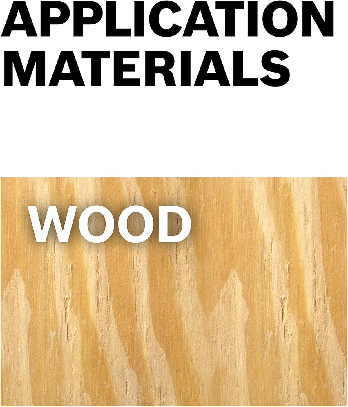An informational graphic titled Application Materials featuring a close-up texture of light-colored wood grain, indicating the primary material for use with these sanding discs.