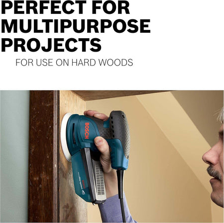 An informational graphic titled Perfect for Multipurpose Projects showing a person using a Bosch sander on a wooden door frame, emphasizing suitability for hardwoods.