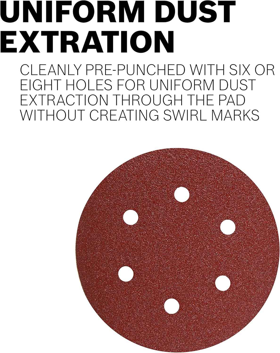A duplicate informational graphic titled Uniform Dust Extraction showing a 6-hole sanding disc variant to illustrate uniform dust extraction through the sanding pad.