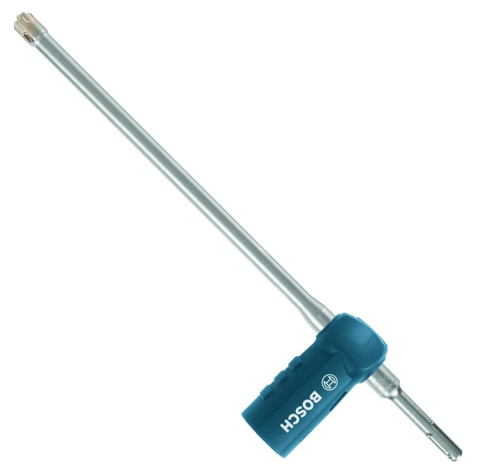 Studio view of the Bosch Speed Clean hollow drill bit featuring a blue vacuum adapter hub, SDS-plus shank, and carbide tip.
