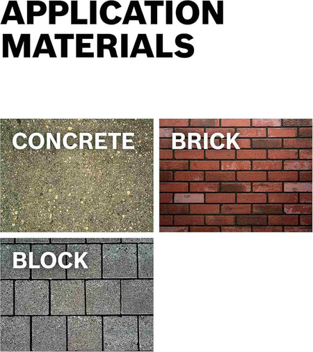 Graphic titled Application Materials displaying textures for concrete, brick, and block masonry.