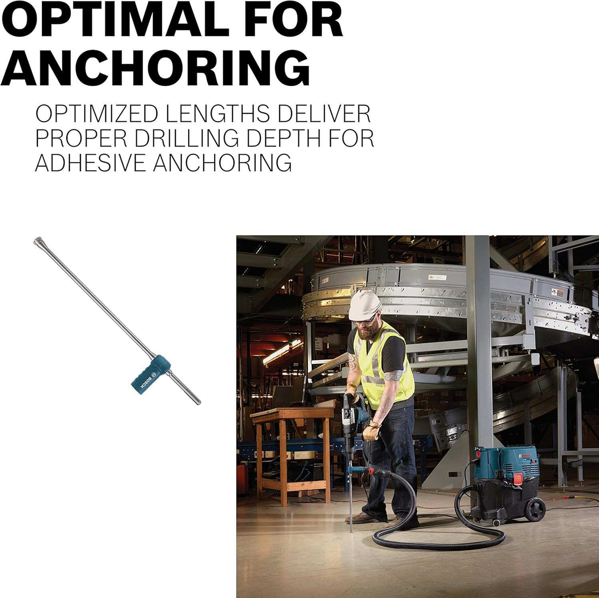 Action shot of a construction worker using the Speed Clean bit connected to a vacuum to drill into a concrete floor in a warehouse setting.