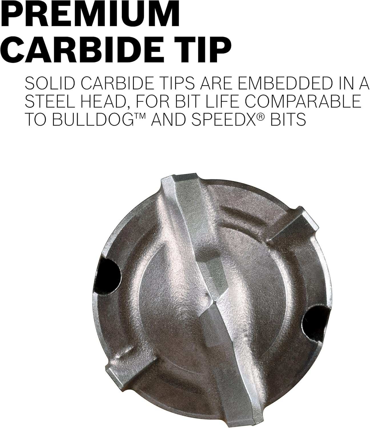 Extreme close-up of the premium carbide tip showing the solid carbide embedded in the steel head for long life.