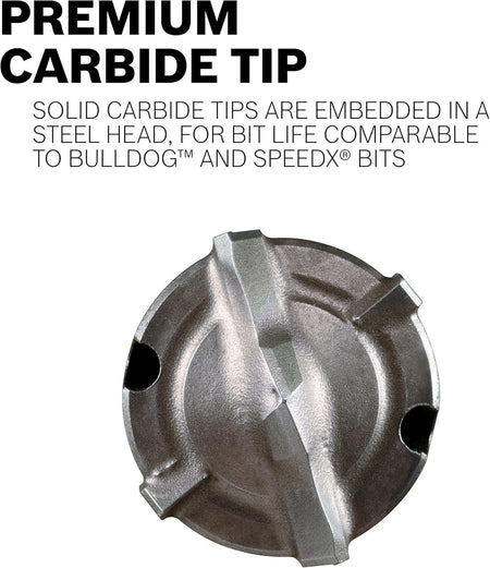 Extreme close-up of the premium carbide tip showing the solid carbide embedded in the steel head for long life.