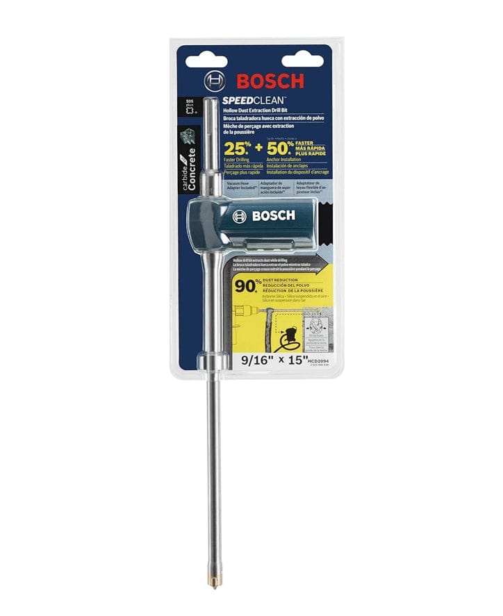 Front view of the retail packaging highlighting 25 percent faster drilling, 50 percent faster anchor installation, and 90 percent dust reduction.