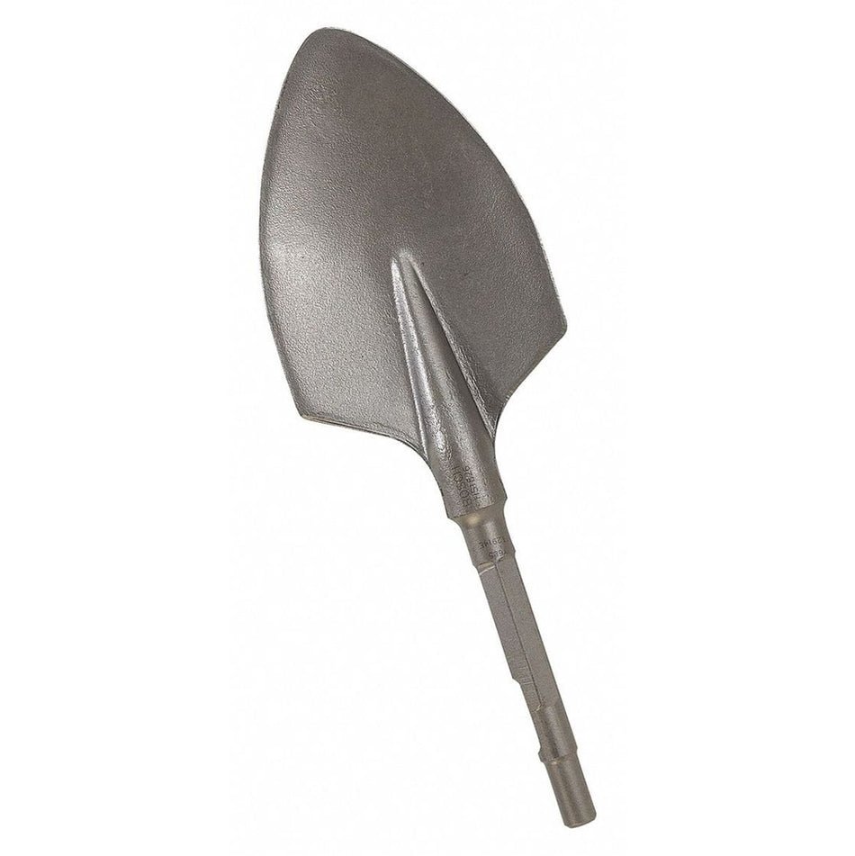 A heavy-duty Bosch spline drive clay spade chisel bit positioned vertically on a clean white background, showcasing its broad leaf-shaped pointed spade head, structural center reinforcement rib, and a slotted combination round hex/spline drive shank forged from solid tool steel for high-impact industrial concrete demolition, masonry scraping, soil digging, and earth removal applications.