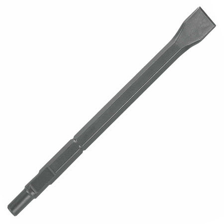 Bosch spline shank round hex hammer steel flat chisel bit showing a heavy duty dark gray alloy metal body with a long hexagonal shaft layout, a slotted dual connection drive shank, and a narrow flat chipping edge engineered for high impact concrete breaker rotary jackhammers, masonry surface scaling, and structural demolition tools isolated diagonally on a white background.