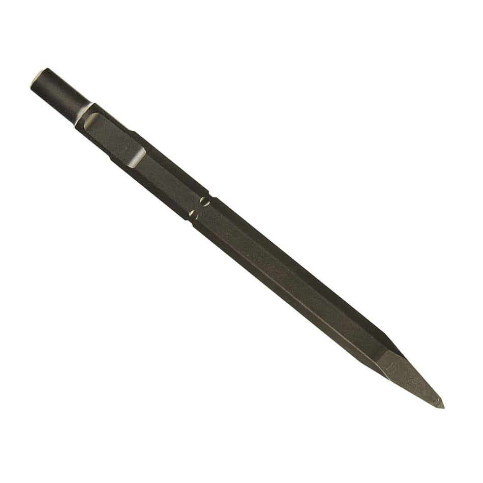 Bosch spline shank round hex hammer steel moil point chisel bit showing a heavy duty dark gray alloy body with a long hexagonal shaft layout, a slotted dual connection drive shank, and an ultra focused sharp pointed tip engineered for high impact concrete breaker rotary jackhammers, masonry precision hole punching, and structural demolition tools isolated diagonally on a white background.